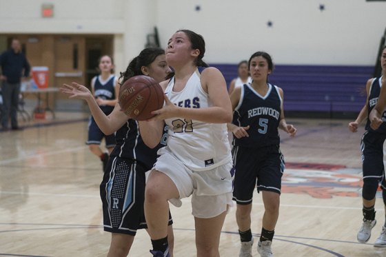 Lemoore's Janay Avalos attempts to score in Friday night's West Yosemite League game against Redwood in the LHS Event Center.